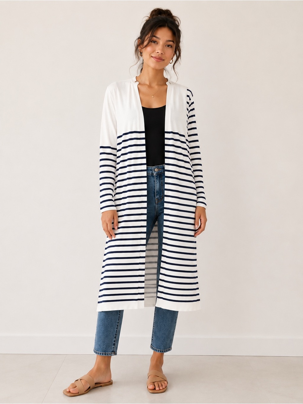 CAbi victory longline Navy and White Striped Long Open‎ Cardigan XL